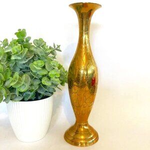 Vintage Brass Vase Etched Floral 10.5"